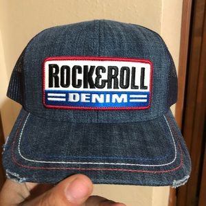 Rock and roll denim trucker hat